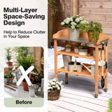 Giantex Garden Potting Bench, Outdoor Wood Workstation Table with Galvanized Steel Tabletop, 5 Hooks, 2-Tier Storage Shelves, Outside Work Station Potting Table with Raised Edge, Easy Assembly Giantex