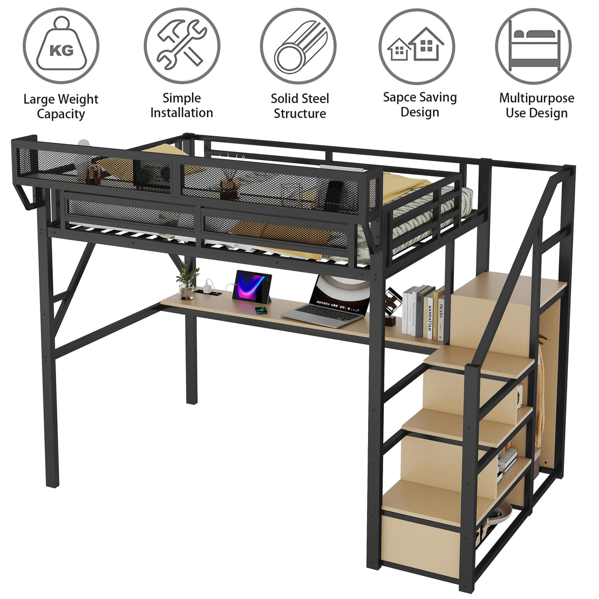 Mirightone Gaming Full Loft Bed with Desk and Stairs, Metal Lofts Bed Full Size with Upper Storage Shelf, High LoftBed with Light, USB Charging Station and Wardrobe for Adults, Teens, Black Mirightone