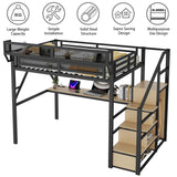 Mirightone Gaming Full Loft Bed with Desk and Stairs, Metal Lofts Bed Full Size with Upper Storage Shelf, High LoftBed with Light, USB Charging Station and Wardrobe for Adults, Teens, Black Mirightone