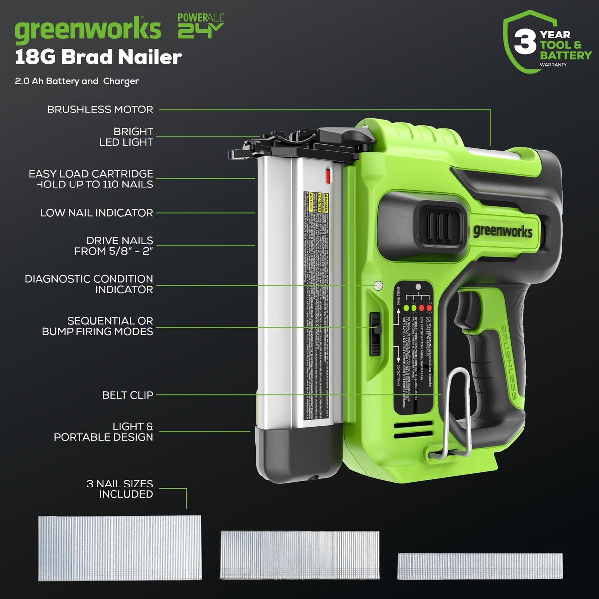 Greenworks 24V 18 Gauge Brushless Brad Nailer Gun, Cordless Finish Nailer, Staple Gun Cordless with 2Ah Battery and 2A Charger Greenworks