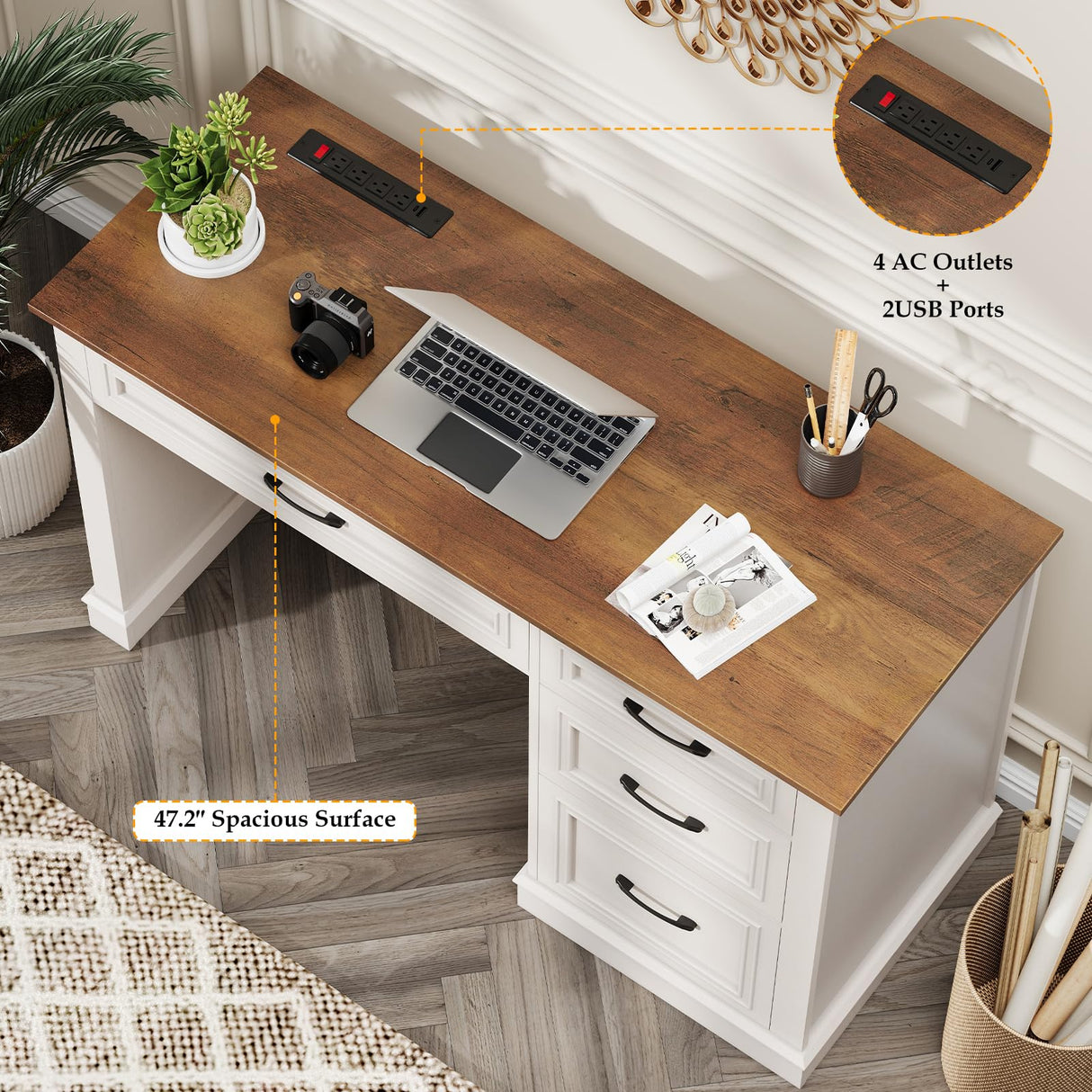 Vabches Farmhouse 47" Executive Desk, Computer Desk with Drawers and File Drawer, Workstation Computer Desk with Charging Station for Home Office,Study,Unique White. Vabches