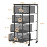 4-Tier Fruit Vegetable Storage Cart - Kitchen Organizer and Storage Cart with Wheels, Wooden Top Metal Wire Fruit Vegetable Rack Stand with Drawers to Storage Onions Potatoes Cans Snacks for Kitchen Yociyoga