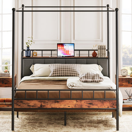 Queen Canopy Bed Frame with Storage Headboard and Charging Station in Vintage Brown LIKIMIO