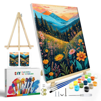 JOOZ Mountain Paint by Numbers Kit for Adults with Frame, Flowers Paint by Number with Easel, DIY Landscape Adult Paint by Number Kits Framed Canvas for Home Wall Decor 8 x 12 Inch
