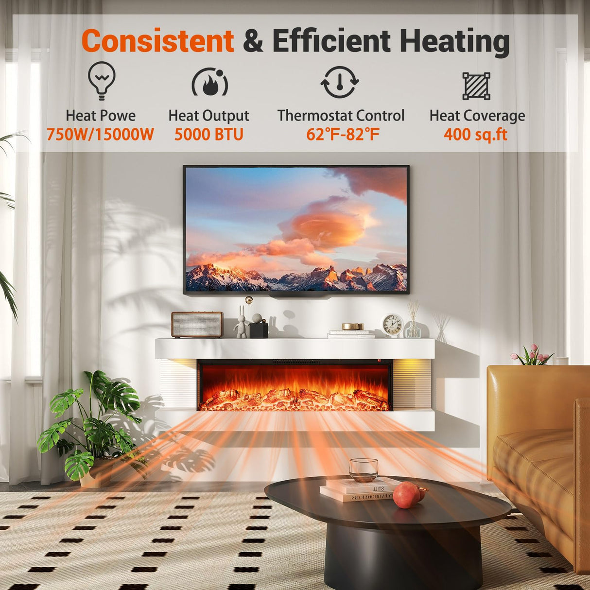 ORALNER 36-Inch Wall Mount Electric Fireplace with 50-Inch Floating Mantel, Remote, 3 Sided Electric Fireplace, 12 Adjustable Color Effect, 1500W Heater, White (50-INCH) ORALNER