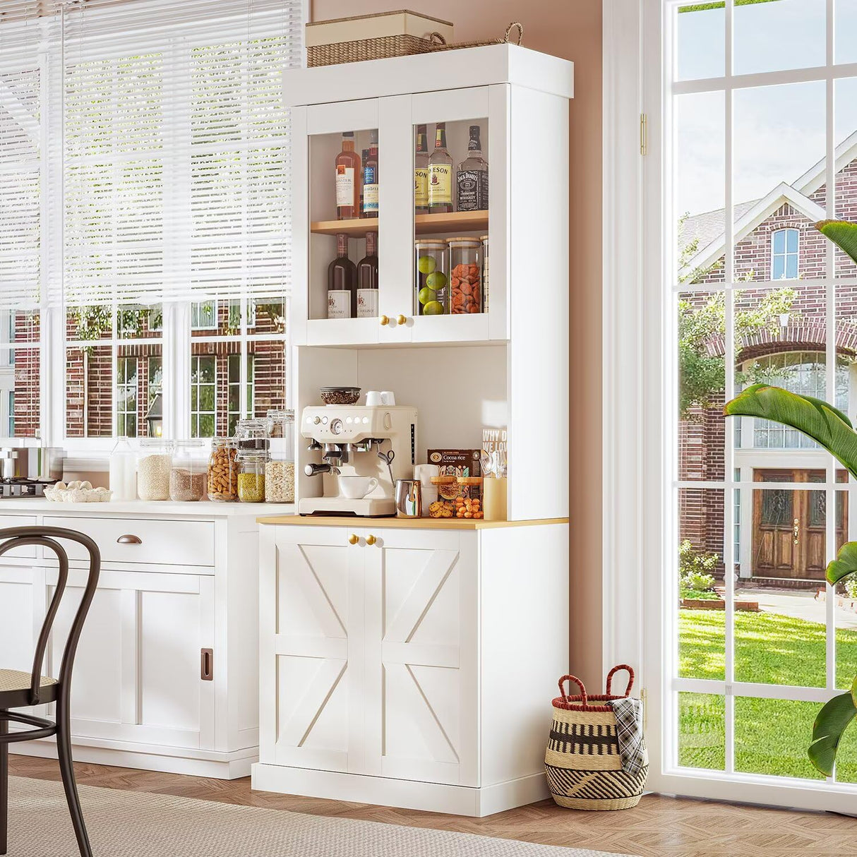 71" Farmhouse Kitchen Pantry Cabinet Set of 3, White Freestanding Coffee Bar Hutch with Glass Doors, Drawers & Adjustable Shelves, Large Storage Cabinet with Microwave Stand for Living Room & Kitchen Vyre