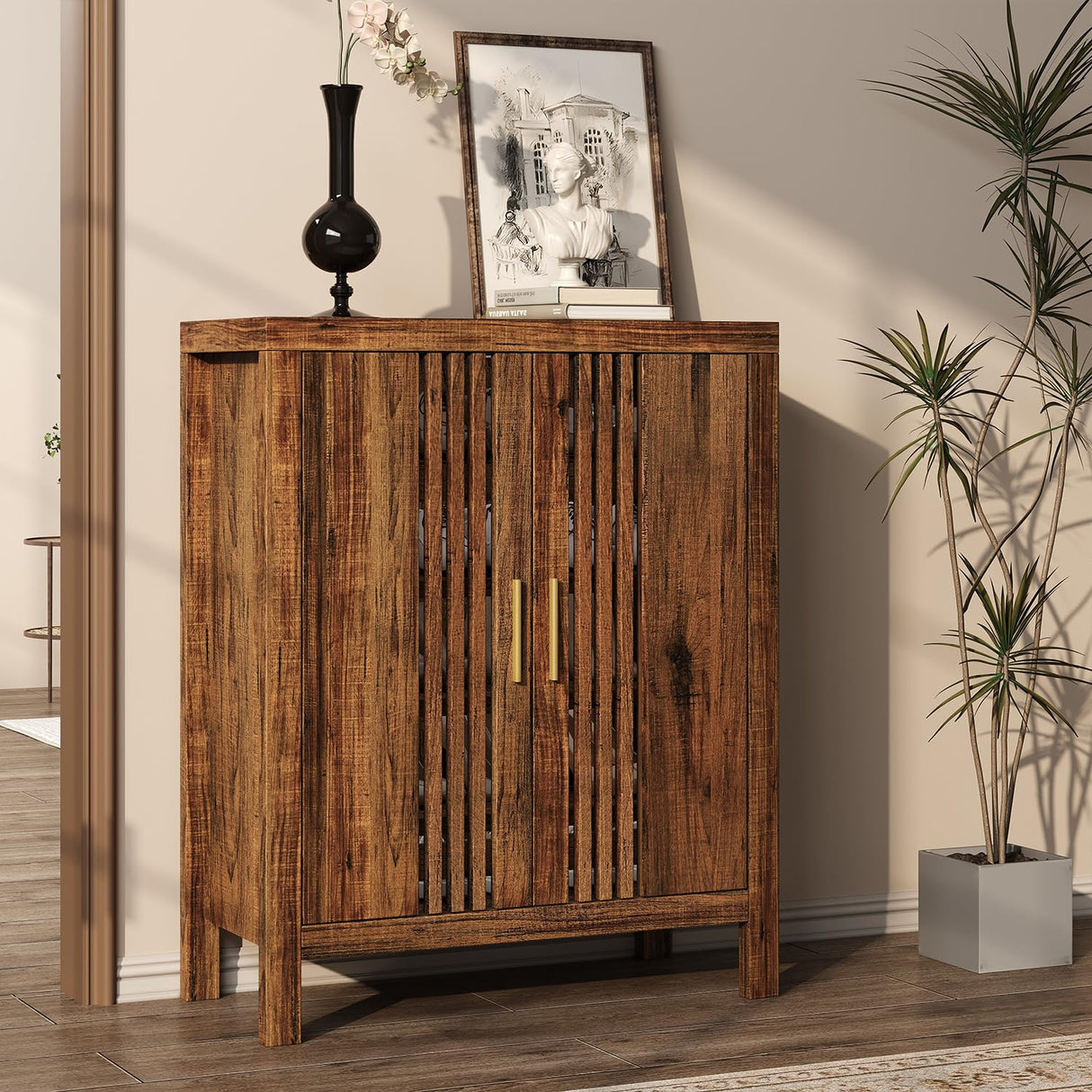 UNIQUITE Wooden Shoes Cabinet with Adjustable Shelves, Retro Freestanding Shoe Organizer Cabinet for Entryway Hallway Living Room, 5-Tier Shoe Cabinet with Doors for 20 Pairs, Dark Walnut UNIQUITE