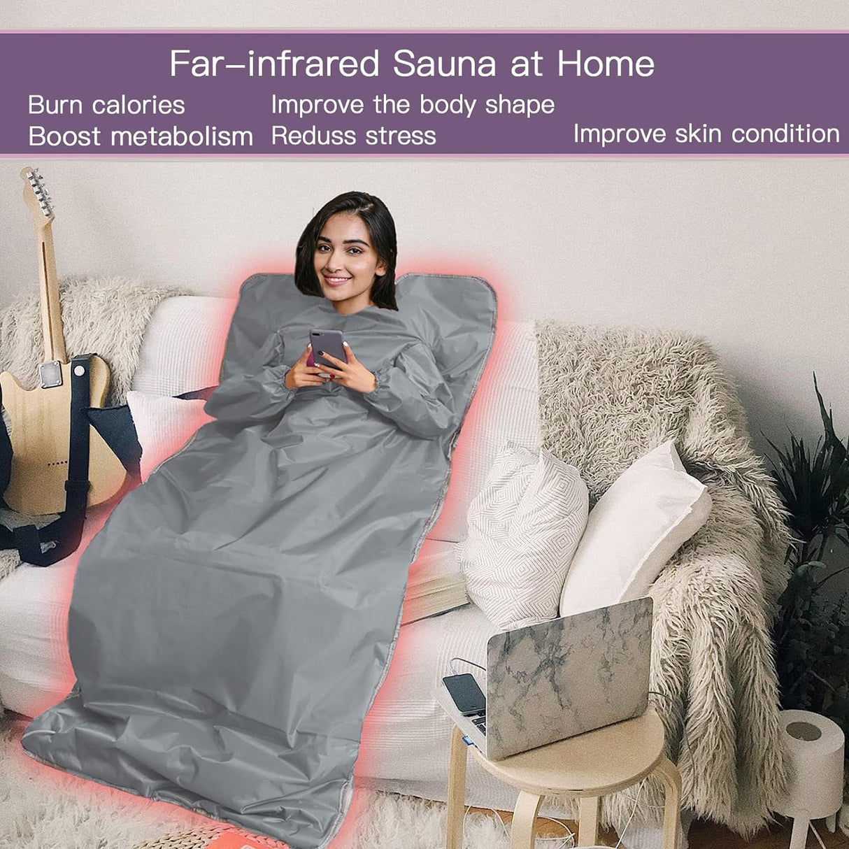 Sleeves Design Far-Infrared Sauna Blanket Fast Heating with Digital Control, Intelligent Remote Control 110V Pain Relief Detox Sauna Bed JKIUI
