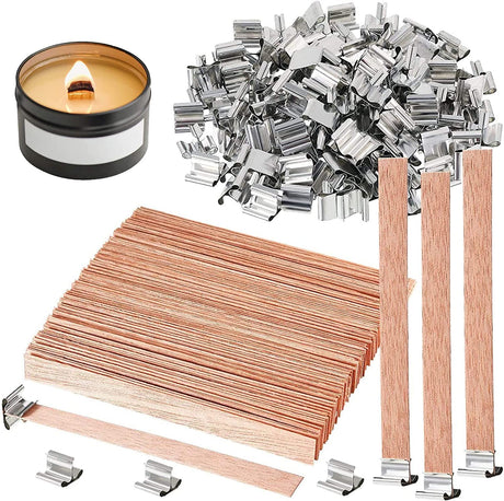 100 pcs Wooden Candle Wicks for Candle Making,6 inch Crackling Wood Wicks/Smokeless Candle Wick with Metal Base Clip 50 Sets PXBBZDQ