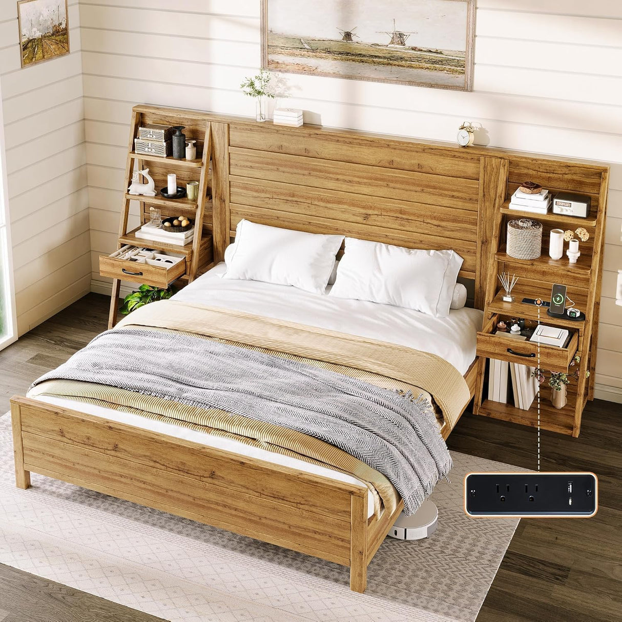 LUXOAK King Bed Frame with Wide Headboard and 4-Tier Bookshelves, Farmhouse Platform Bed with Charging Station & 2 Drawers, Noise-Free, No Box Spring Needed, Natural Oak LUXOAK