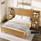 LUXOAK King Bed Frame with Wide Headboard and 4-Tier Bookshelves, Farmhouse Platform Bed with Charging Station & 2 Drawers, Noise-Free, No Box Spring Needed, Natural Oak LUXOAK
