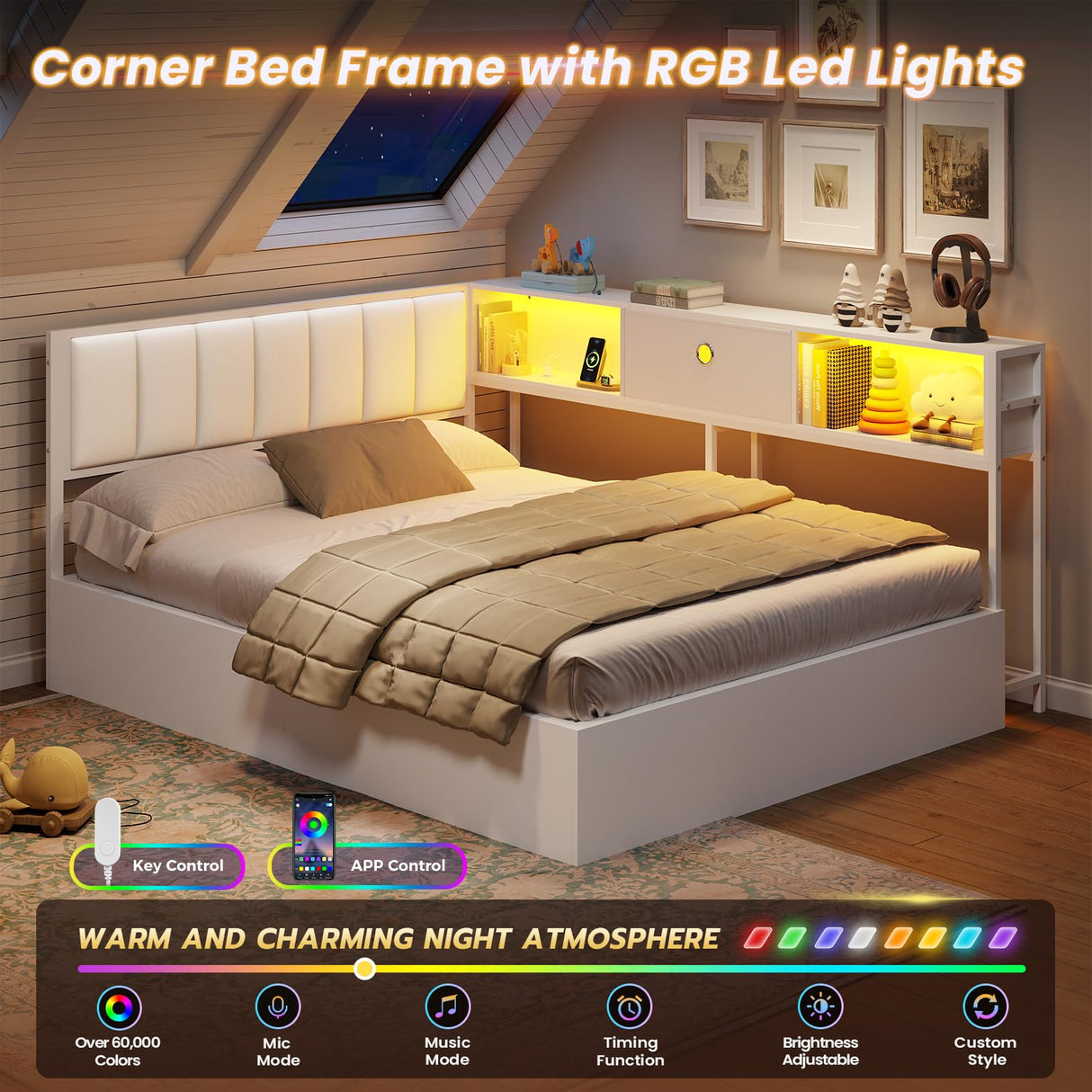 DICTAC Full Corner Bed Frame with Hydraulic Storage,Charging Station and Led Lights Metal Lift up Platform Storage Bed Frame with Upholstered Headboard,Full Size Daybed with Bookcase Guardrail,White DICTAC