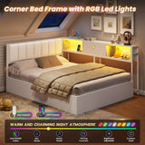 DICTAC Full Corner Bed Frame with Hydraulic Storage,Charging Station and Led Lights Metal Lift up Platform Storage Bed Frame with Upholstered Headboard,Full Size Daybed with Bookcase Guardrail,White DICTAC