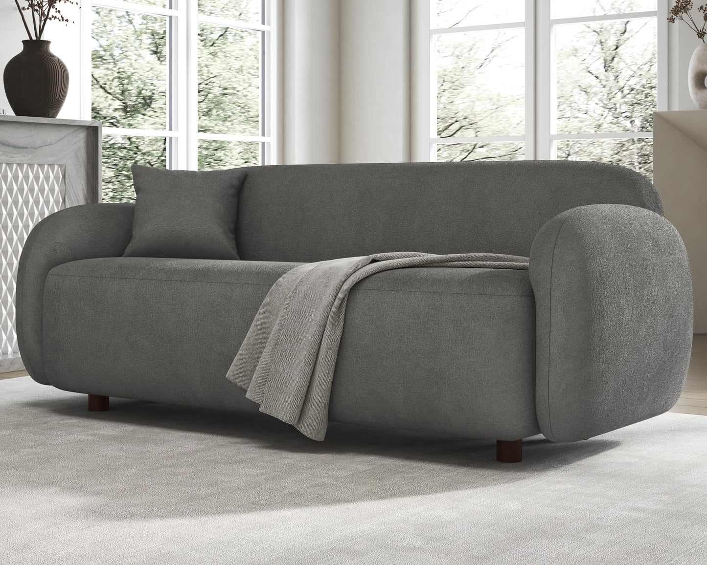 PaPaJet 3 Seater Sofa, Modern Couch with Soft Boucle Upholstered, Comfy Cloud Sofa Couch for Living Room Home Office Sherpa Grey Curved Couch