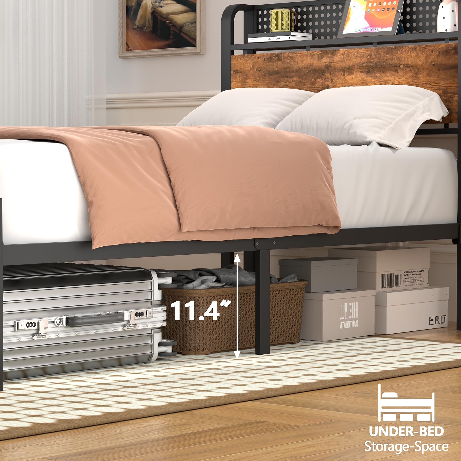 Furnulem Twin Bed Frame with LED Lights, Charging Station, and Under-Bed Storage in Rustic Brown - WoodArtSupply