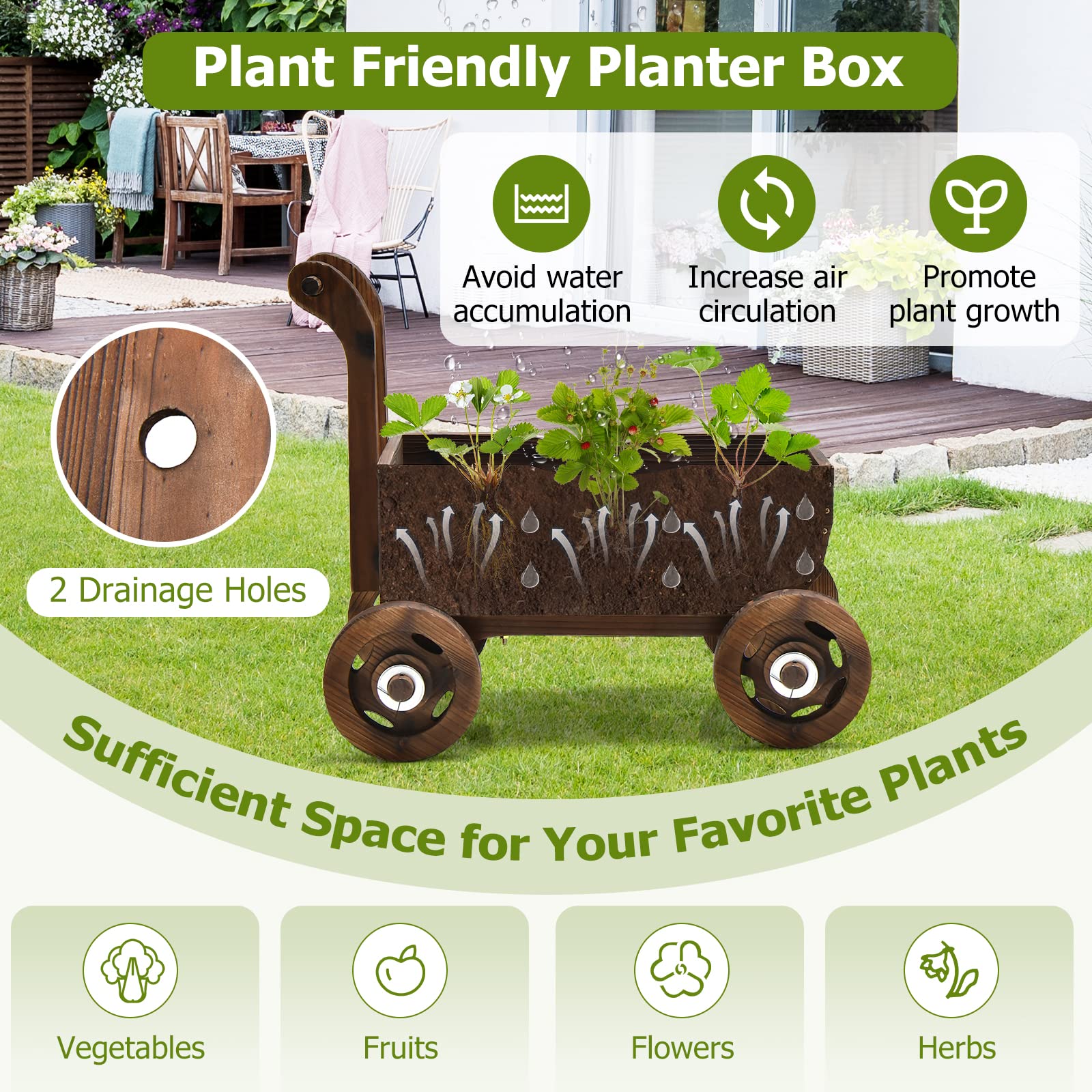 S AFSTAR Wooden Wagon Planter Box, Mobile Garden Planter with 4 Wheels, Handle, Drain Hole, Decorative Flower Planter for Indoor & Outdoor Decor, Wooden Flower Cart for Patio, Garden, Balcony - WoodArtSupply