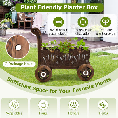 S AFSTAR Wooden Wagon Planter Box, Mobile Garden Planter with 4 Wheels, Handle, Drain Hole, Decorative Flower Planter for Indoor & Outdoor Decor, Wooden Flower Cart for Patio, Garden, Balcony - WoodArtSupply