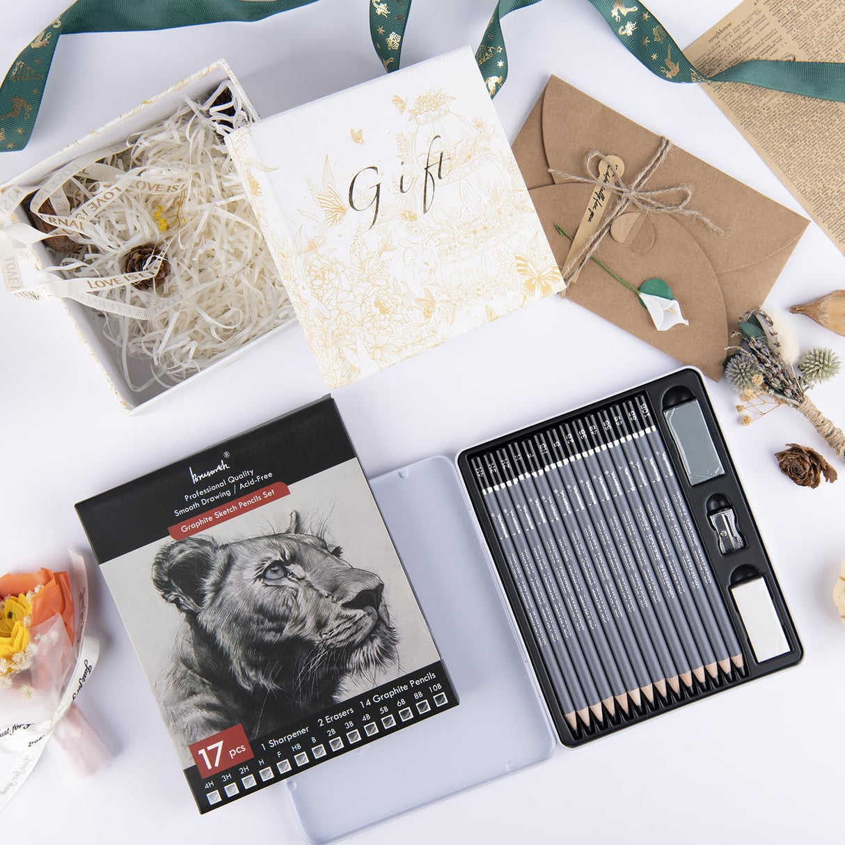 Brusarth Professional Sketch Pencils for Drawing Set - Graphite Pencils (4H-10B), Graphite Sticks, Erasers and Sharpener, Art Pencils for Sketching- Ideal for Artists and Beginners,17Pcs Brusarth