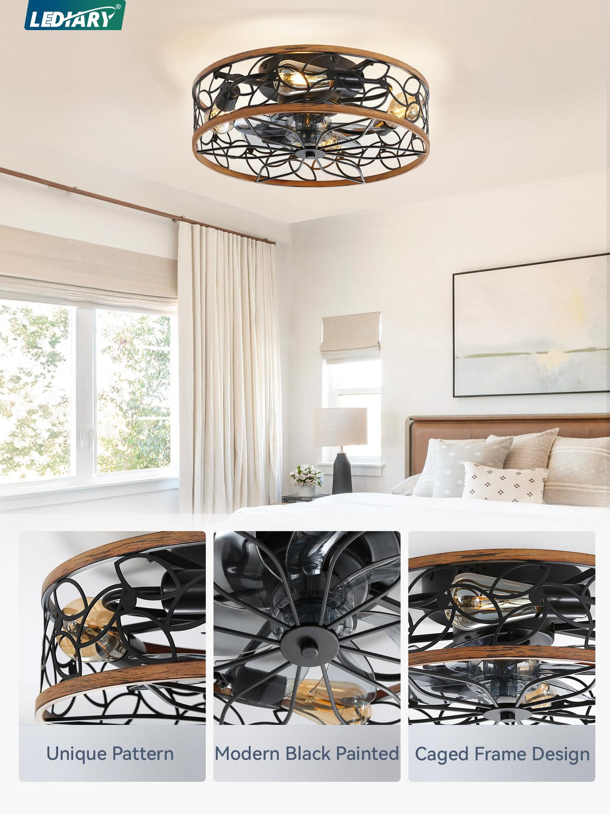 LEDIARY Caged Ceiling Fans with Lights, Farmhouse Flush Mount Ceiling Fan with Remote, Black&Walnut Low Profile Ceiling Fan Light Fixture for Bedroom, Kitchen, Dining Room. LEDIARY