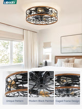 LEDIARY Caged Ceiling Fans with Lights, Farmhouse Flush Mount Ceiling Fan with Remote, Black&Walnut Low Profile Ceiling Fan Light Fixture for Bedroom, Kitchen, Dining Room. LEDIARY