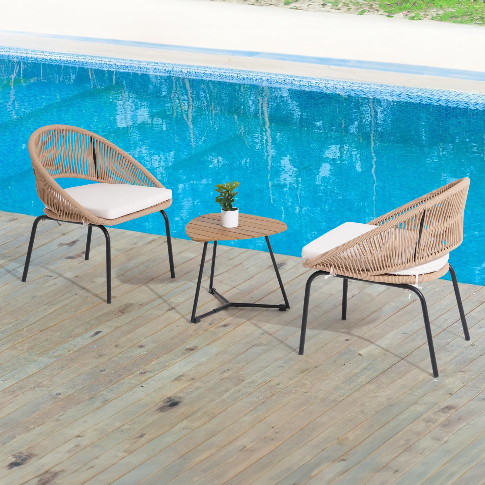 Yangming Patio Furniture Set, 3 Piece Outdoor Bistro Chair Conversation Sets Woven Rope with Wood Coffee Table for Yard Backyard Lawn Garden Porch Backyard Deck Poolside Balcony - WoodArtSupply