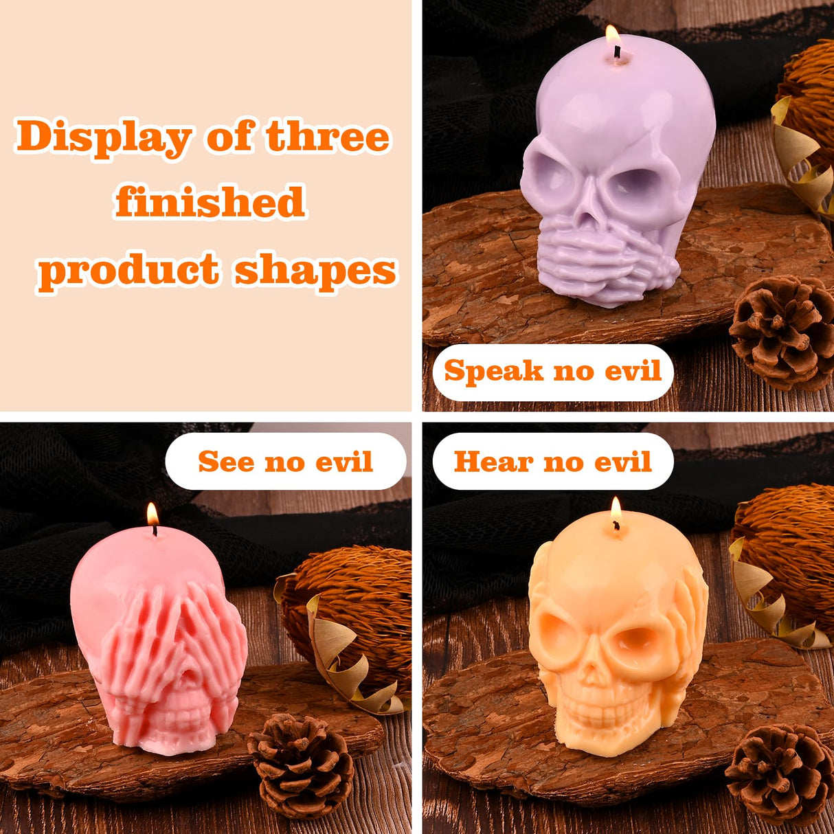 HUAKENER 3 Pack Skull Candle Molds, 3D Skull Resin Molds, Hear-no, Speak-no, See-no Skull Silicone Molds for Candle, Epoxy Resin, Soap, Halloween Cake Decor HUAKENER