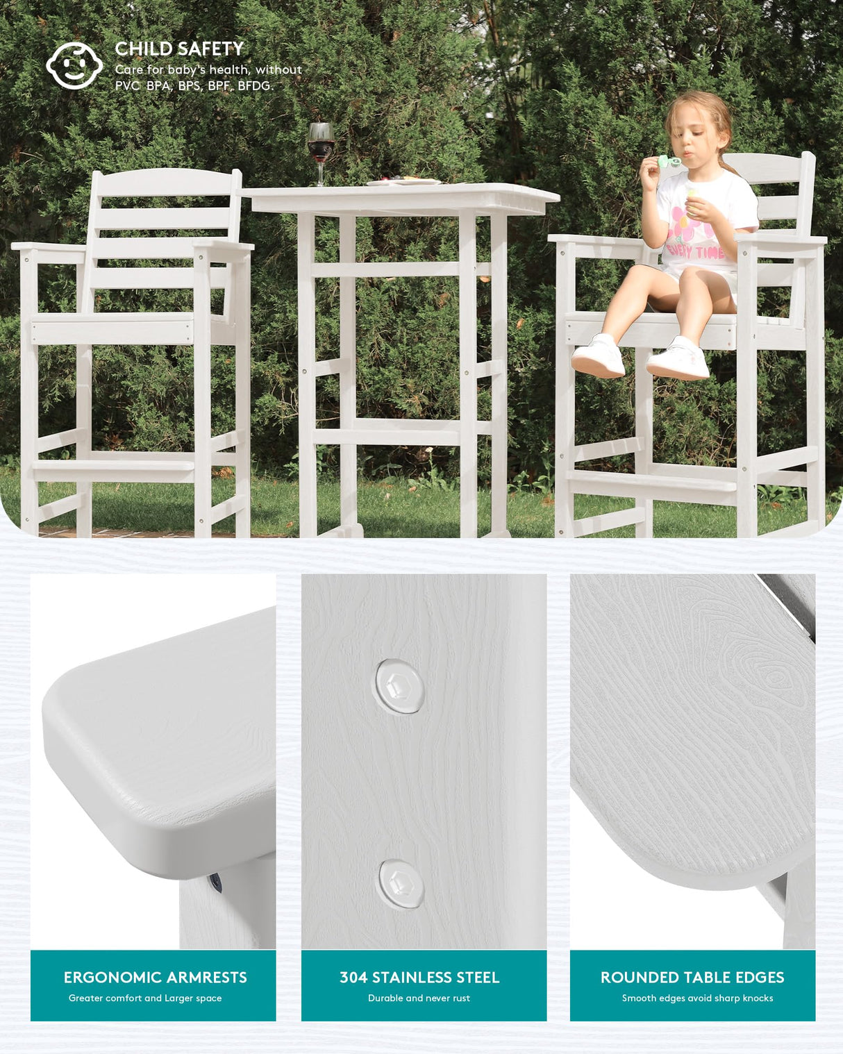 SERWALL Tall Adirondack Bar Chairs and Table 3 Pieces Set, Adirondack Bar Height Chairs Set of 2 and Bar Table, Outdoor Bar Stools Set for Bistro, Poolside, Backyard, White SERWALL