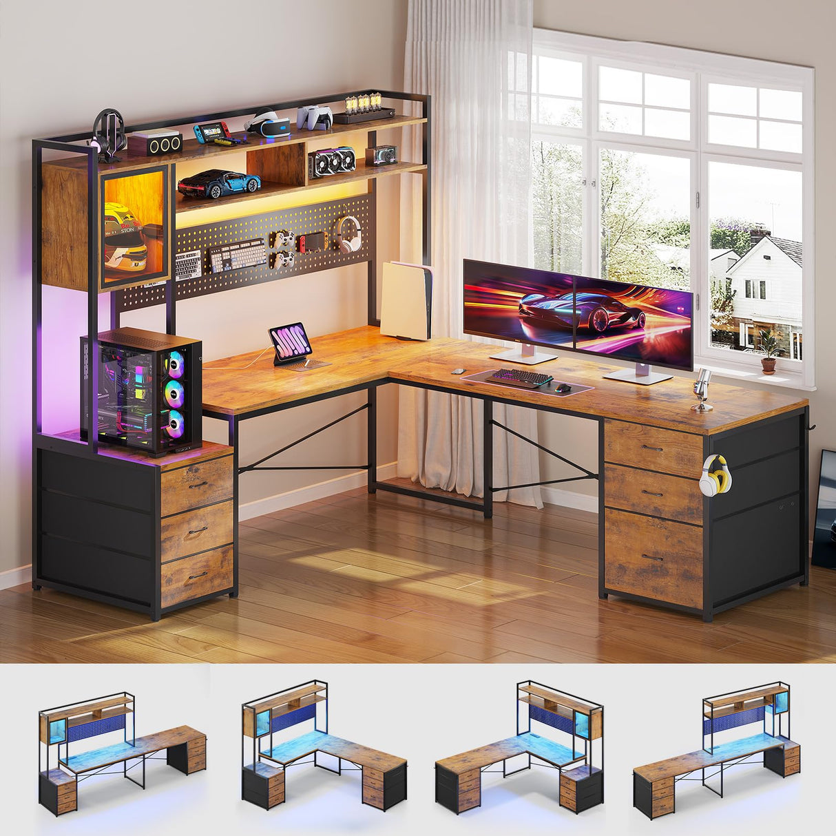 SEDETA L Shaped Gaming Desk with 6 Drawers, Reversible Computer Office Desk with File Drawer, Hutch, Storage Shelves, Gaming Corner Desk with Led Lights, Power Outlet for Two Person, Rustic Brown SEDETA