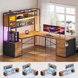 SEDETA L Shaped Gaming Desk with 6 Drawers, Reversible Computer Office Desk with File Drawer, Hutch, Storage Shelves, Gaming Corner Desk with Led Lights, Power Outlet for Two Person, Rustic Brown SEDETA