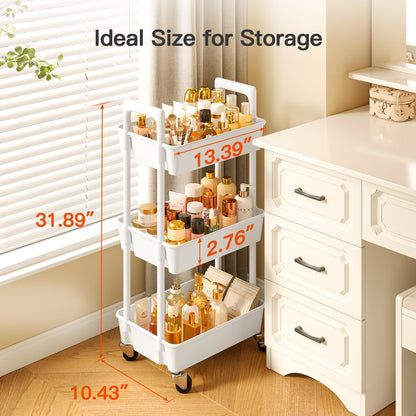 Pipishell 3 Tier Rolling Cart Organizer, Plastic Rolling Cart with Lockable Wheels & Reinforced Handle, Lightweight Utility Cart Storage Cart for Nursery, Kitchen, Bathroom, Craft Room, White - WoodArtSupply