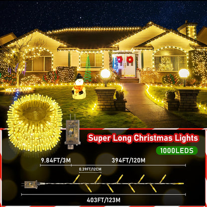 XURISEN Upgraded 403FT 1000 LED Christmas Lights Outdoor, Super Long String Lights 8 Modes & Memory Timer Plug in Fairy Lights for Home Xmas Tree Party Wedding Decor -Warm White