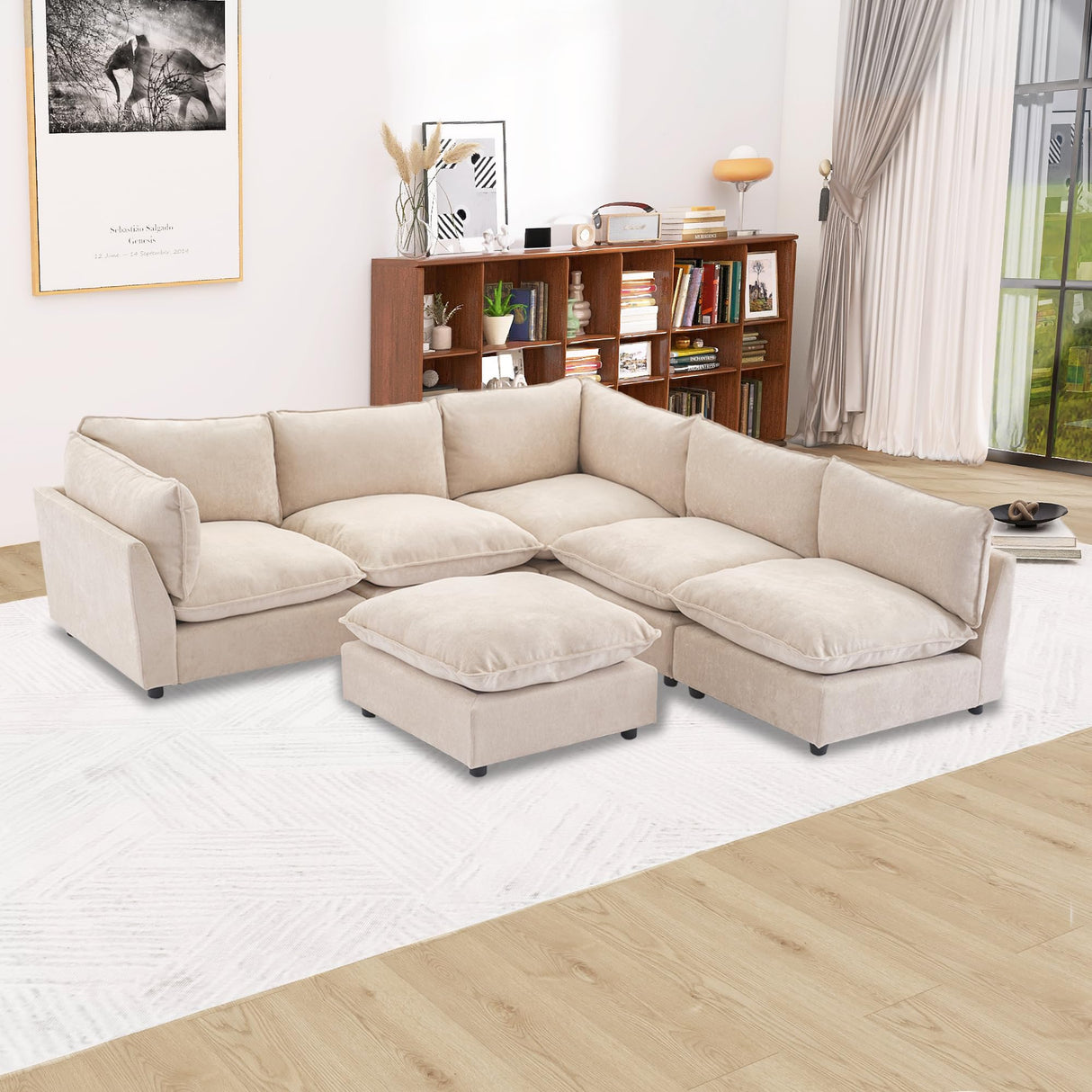 Tbfit Oversized Modular Sectional Sofa, Chenille Cloud Couch Deep Seat, 6-Seater Modular Sofa Couch for Living Room, Beige Tbfit