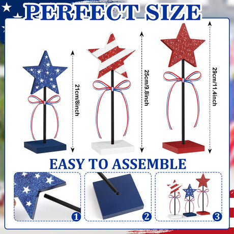 4th of July Tiered Tray Decor Wooden Star Set, 3 Pcs Memorial Day Table Decorations, Rustic Patriotic Tabletop Home Decor, Red White and Blue Decorations for Home (Shiny) Hedeey