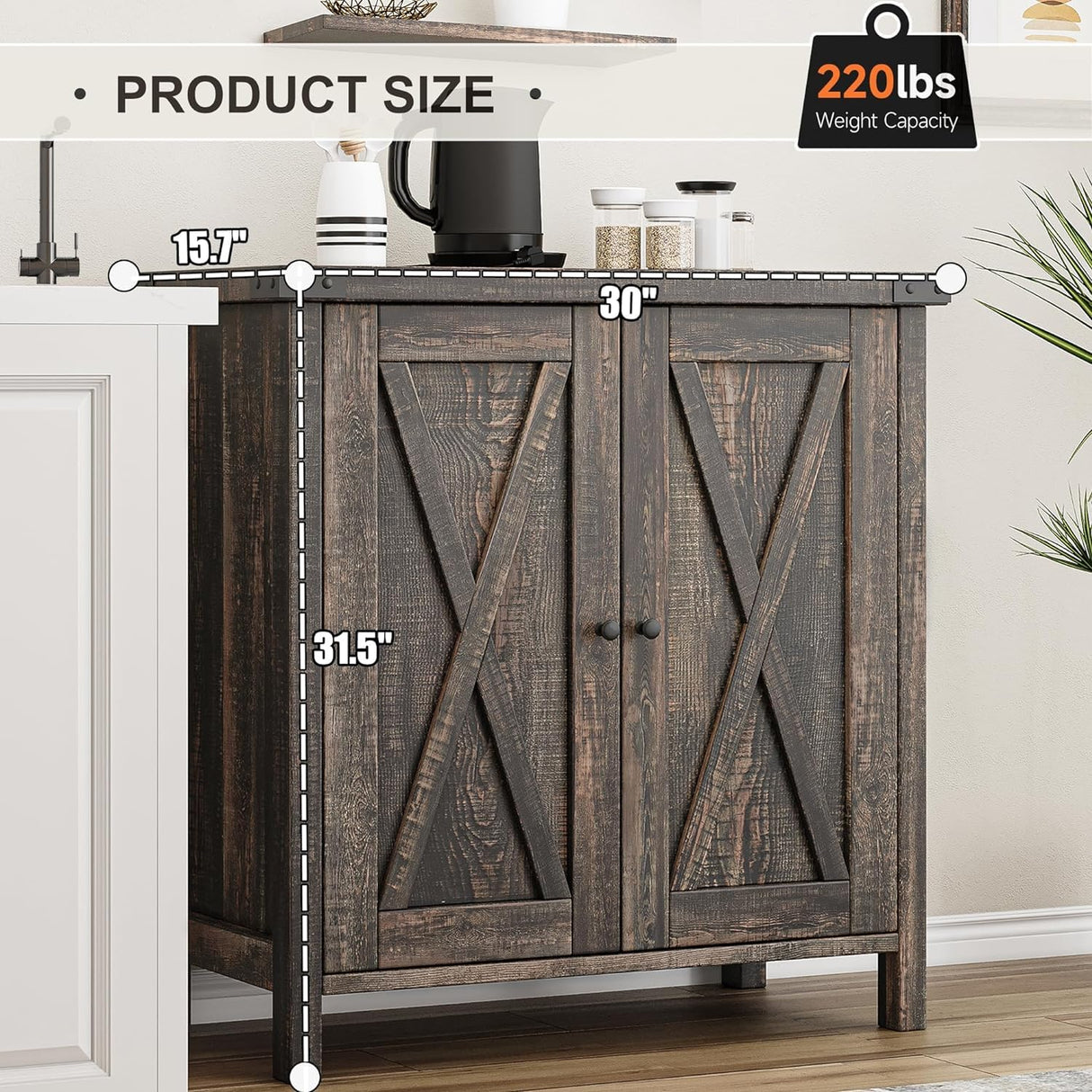 GarveeHome Farmhouse Sideboard Buffet Cabinet with Storage,Small Coffee Bar, Kitchen Storage Cabinet with Adjustable Shelf and 2 Barn Doors,for Living Room, Dining Room,Entryway，Rustic Oak GarveeHome