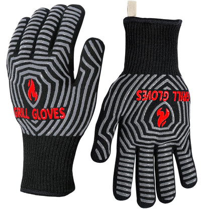 QUWIN BBQ Gloves, Oven Gloves 1472℉ Extreme Heat Resistant, Grilling Gloves Silicone Non-Slip Oven Mitts, Kitchen Gloves for BBQ, Grilling, Cooking, Baking-1 Pair… (Black, One Size Fits Most)