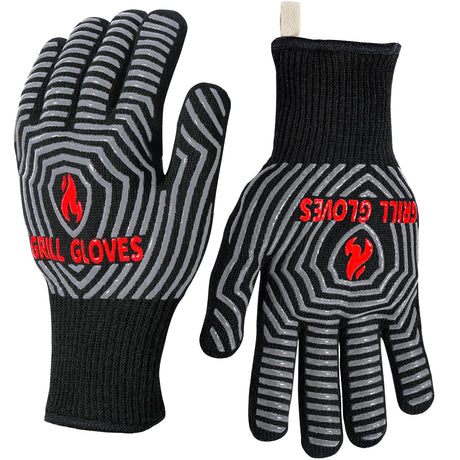 QUWIN BBQ Gloves, Oven Gloves 1472℉ Extreme Heat Resistant, Grilling Gloves Silicone Non-Slip Oven Mitts, Kitchen Gloves for BBQ, Grilling, Cooking, Baking-1 Pair… (Black, One Size Fits Most) QUWIN