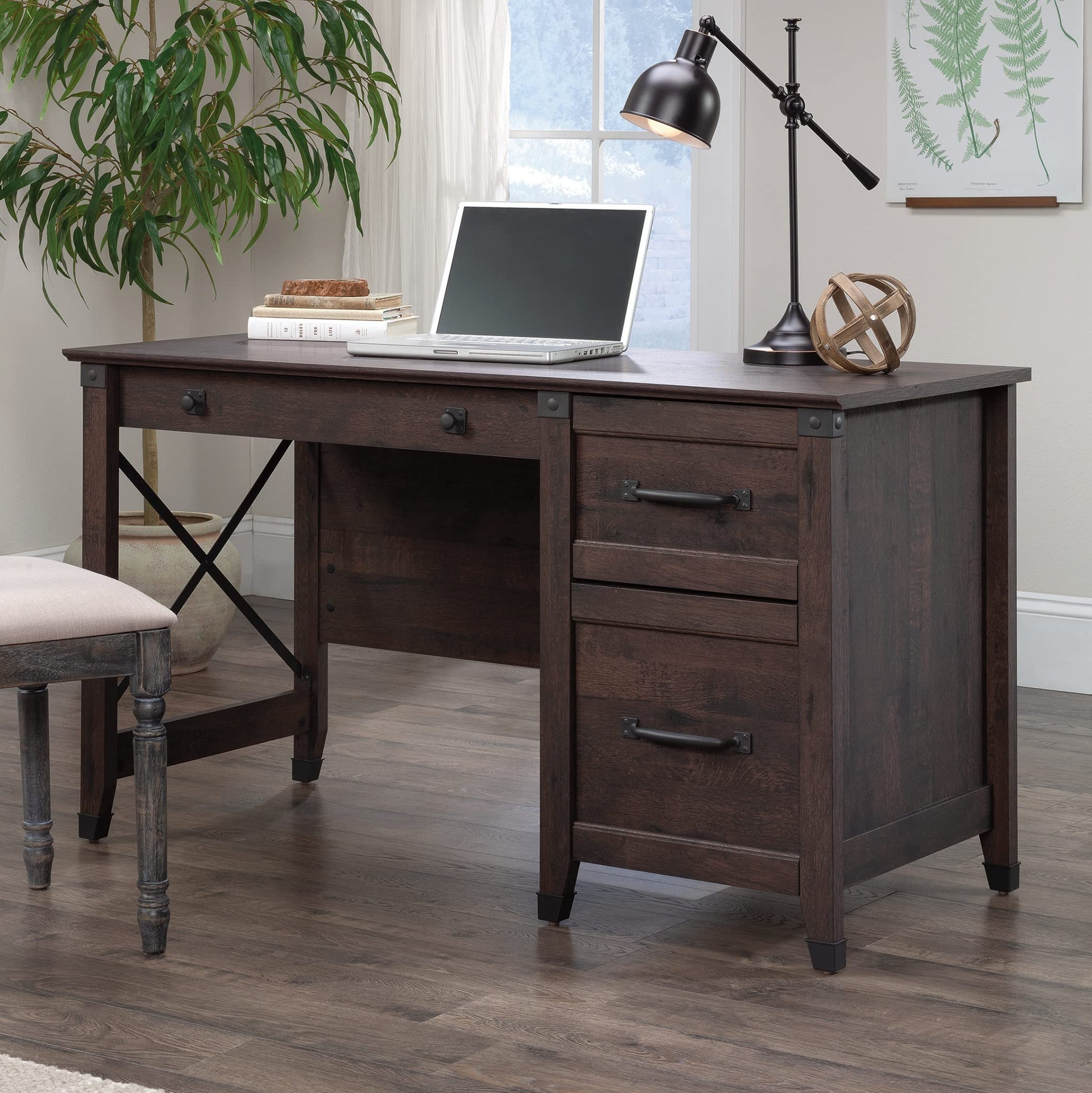 Sauder Carson Forge Pedestal Desk, Rustic Cedar Finish - WoodArtSupply