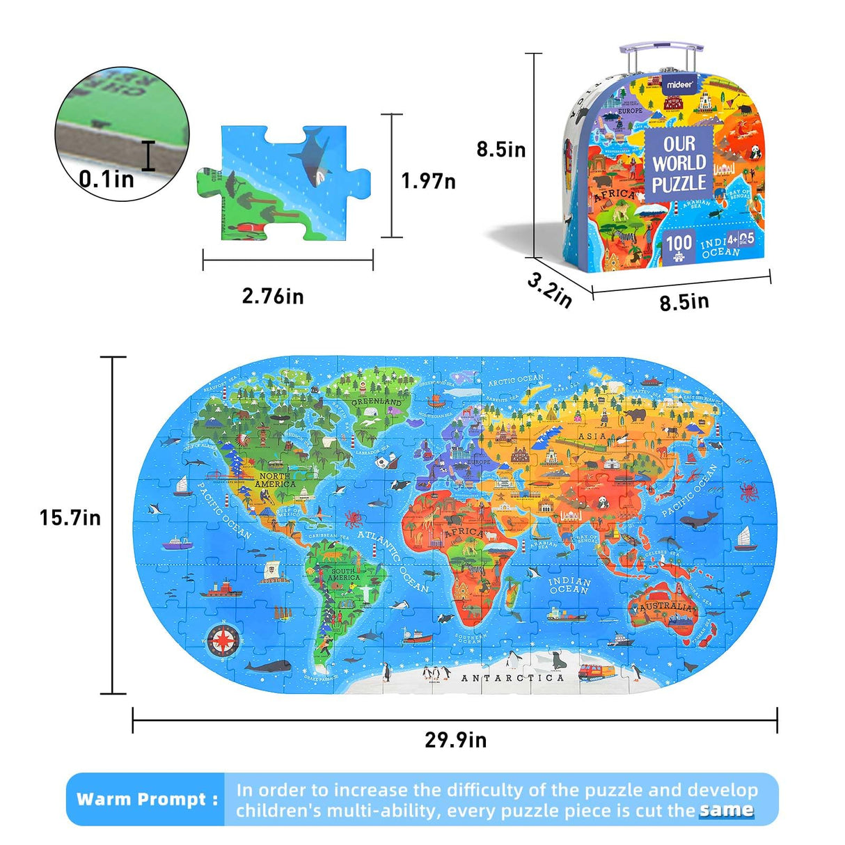 Mideer Floor Puzzle for Kids 4-8, 100 Piece World Map Jigsaw Puzzle with Continents, Geography Educational Toys for Boys and Girls, Globe Atlas Puzzle Maps Preschool Learning Game for Kids Ages 4-6 MiDeer