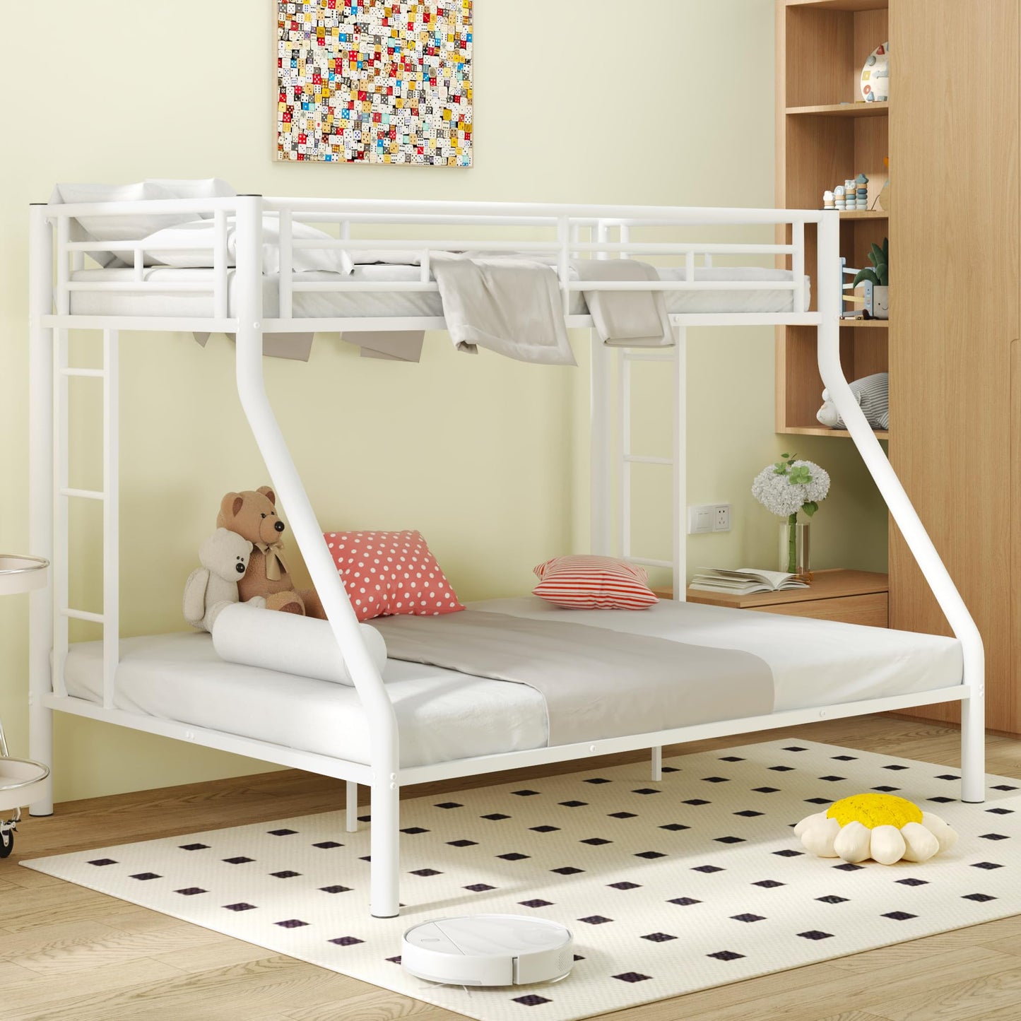 Twin XL Over Queen Bunk Bed for Boys/Girls/Teens/Adults, Heavy-Duty Metal Bunk Beds Frame with 2 Ladders & High Guardrails, Under Bed Storage Space, Noise Reduced, No Box Spring Needed,White