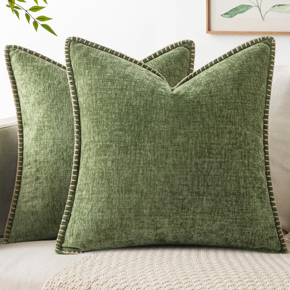 MIULEE Pack of 2 Couch Throw Pillow Covers 18x18 Inch Sage Green Farmhouse Decorative Pillow Covers with Stitched Edge Soft Chenille Solid Dyed Spring Pillow Covers for Sofa Bed Living Room MIULEE