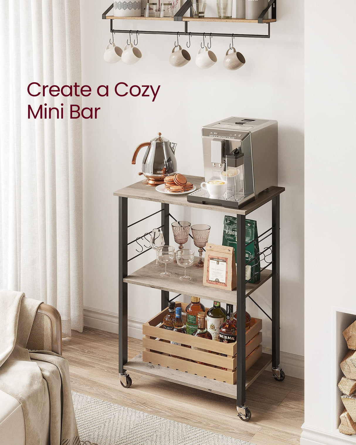 VASAGLE Kitchen Shelf on Wheels, Serving Cart with 3 Shelves, Kitchen Cart, Microwave Shelf, for Mini Oven, Toaster, with 6 Hooks, Industrial Style, Greige and Black UKKS060B02 VASAGLE