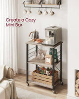 VASAGLE Kitchen Shelf on Wheels, Serving Cart with 3 Shelves, Kitchen Cart, Microwave Shelf, for Mini Oven, Toaster, with 6 Hooks, Industrial Style, Greige and Black UKKS060B02 VASAGLE