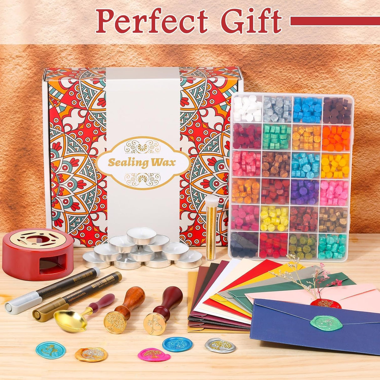 Paxcoo Sealing Wax Kit with Wax Seal Beads, Stamp, Warmer, Spoon, Envelopes for Letter Sealing PAXCOO