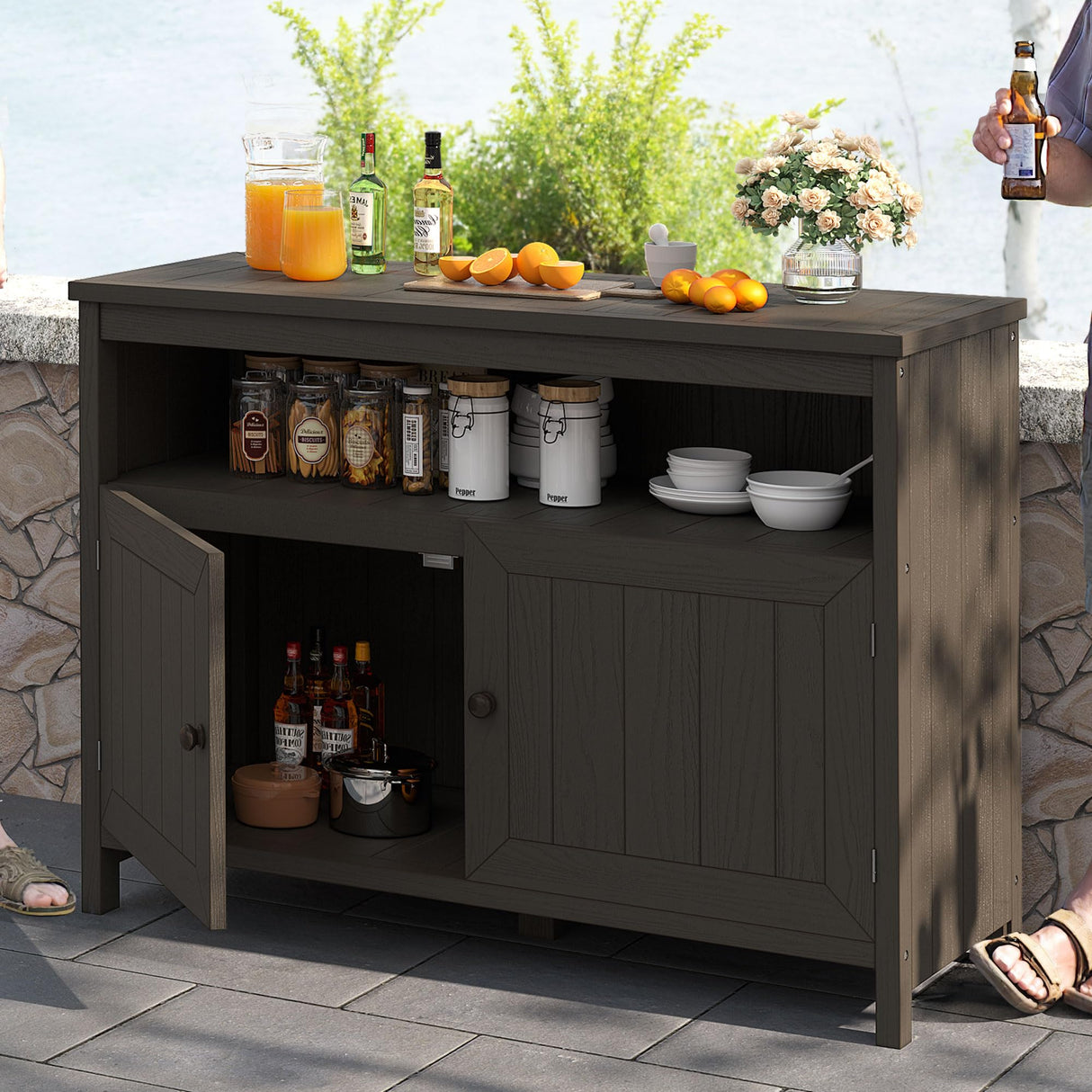 DWVO Poly Lumber Outdoor Sideboard, Patio Bar Table with Storage and Shelves, Weather Resistant Storage Cabinet for Outdoor, Pool and Garden - Espresso DWVO