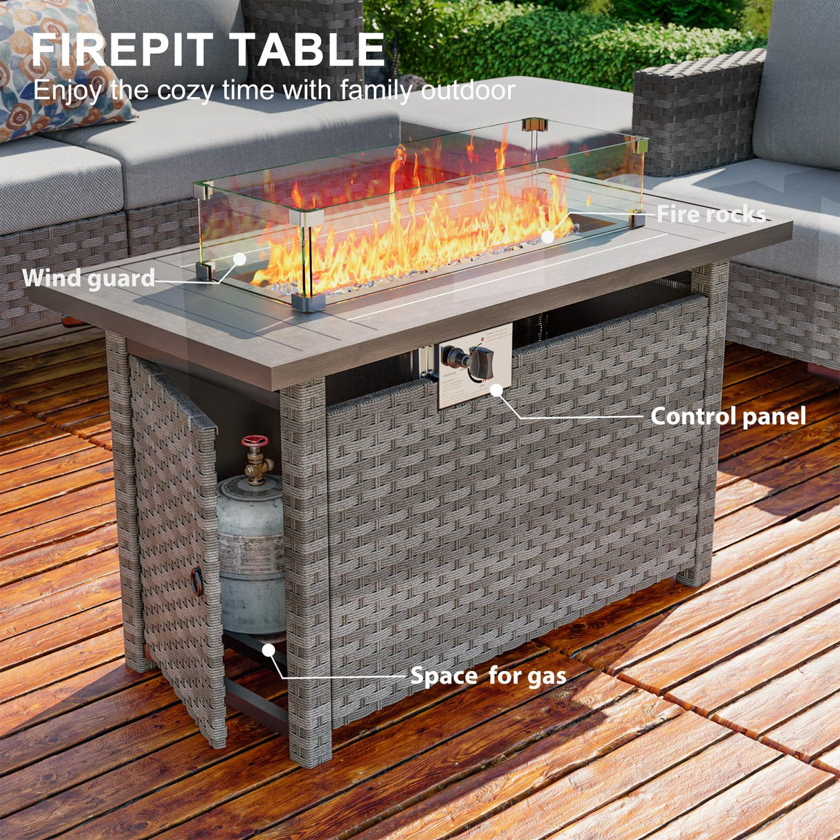 WELYAS 10 Piece Luxury Patio Furniture Set with 44" Fire Pit Table All Weather Outdoor Sectional with Thick Cushions Wicker Patio Conversation Set for Backyard, Deck, Garden WELYAS