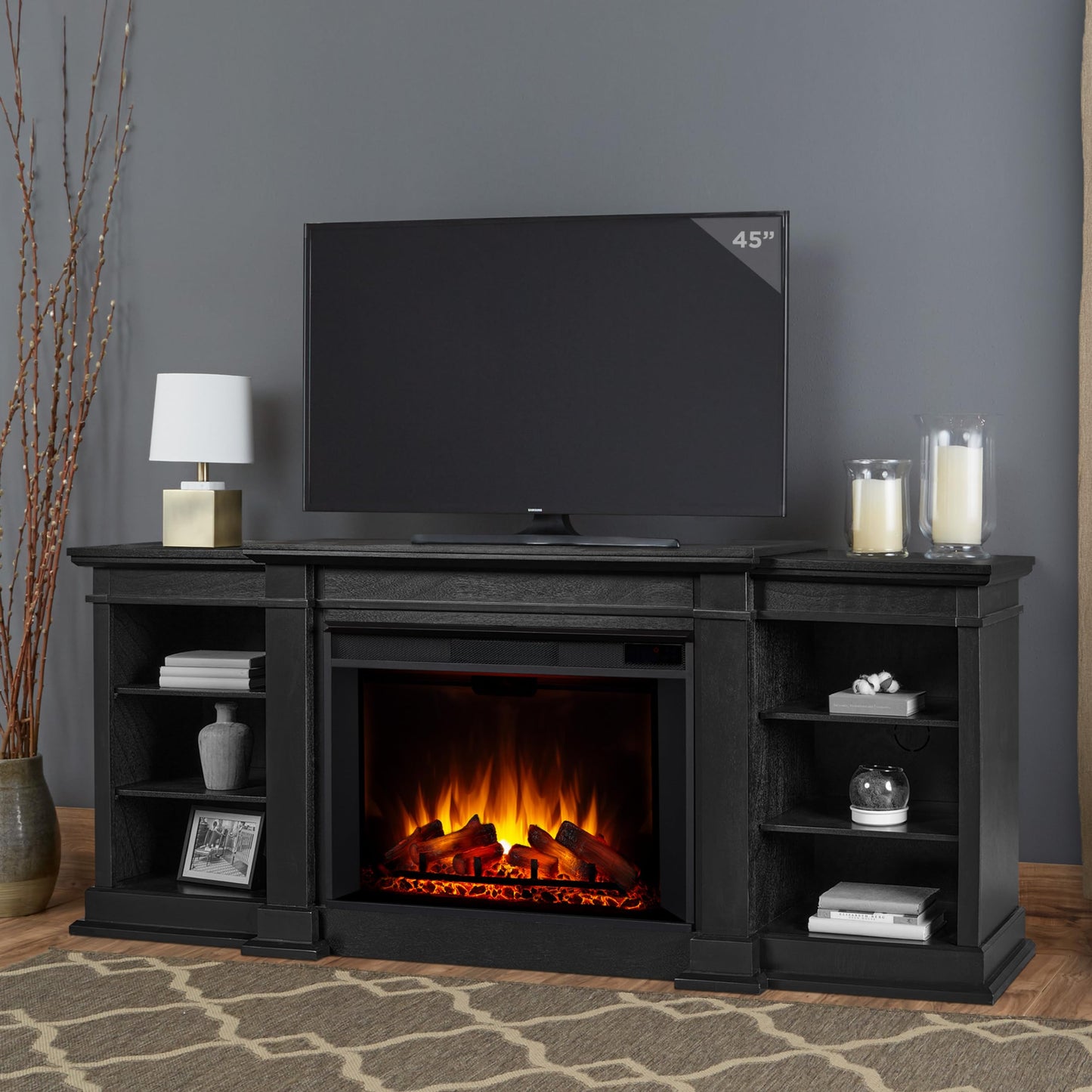 Real Flame Eliot 81" Grand Electric Fireplace TV Stand for TVs up to 80 inches, Entertainment Center with Adjustable Shelves and Storage, TV Stand for Living Room and Bedroom, Remote Control, Timer