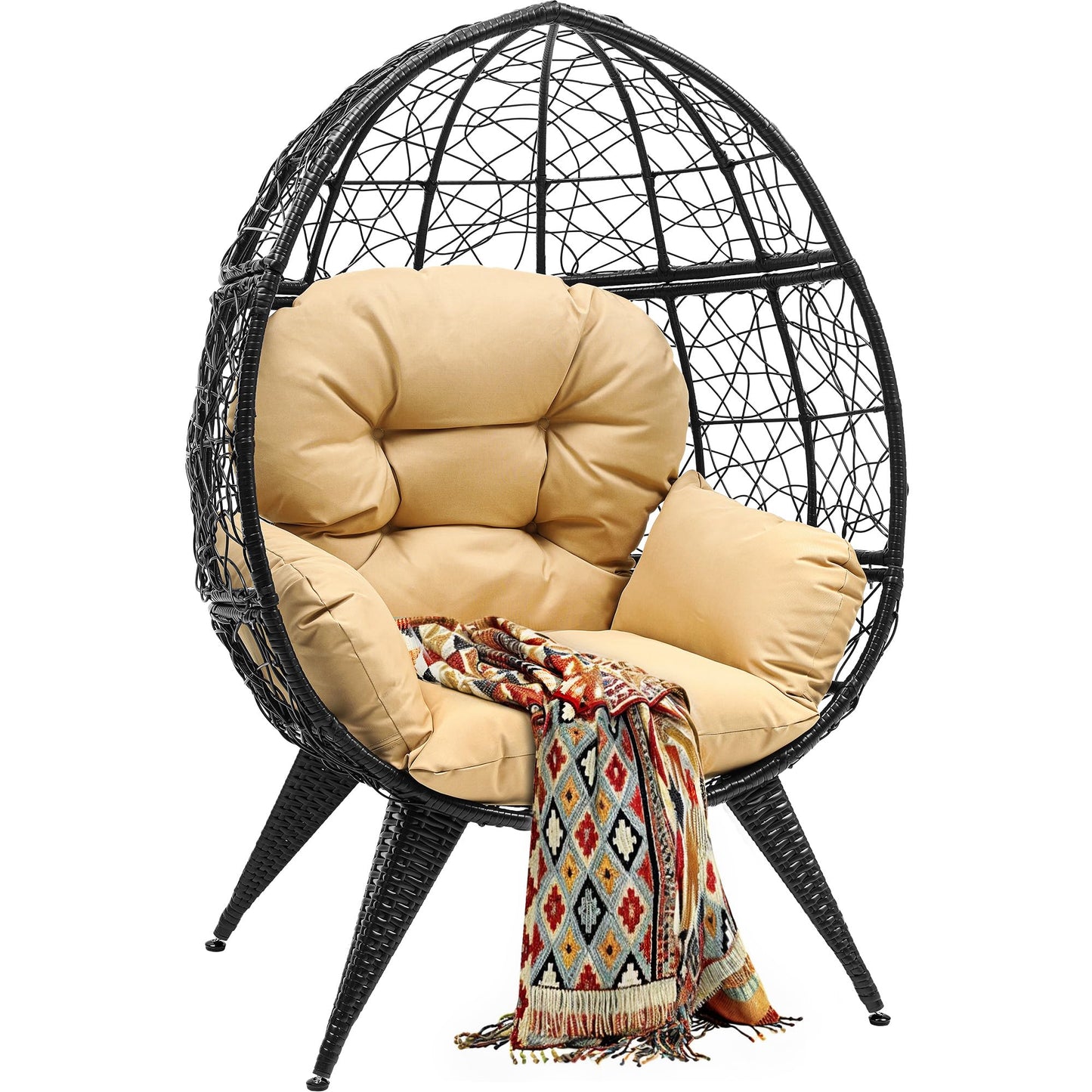 YITAHOME Oversized Wicker Egg Chair for Indoor and Outdoor Use with Stand, Cushion, and Leveling Feet, Large Lounger for Patio, Garden, Backyard, Balcony, Supports up to 330lbs, Beige