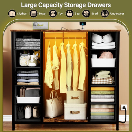 VASICAR 10 Drawers Dresser for Bedroom with Hanging Rack, Wood Top Chest of Drawers with Charging Station LED Lights, Colorful Clothes Organizer Storage Drawer Units for Closets, Nursery VASICAR