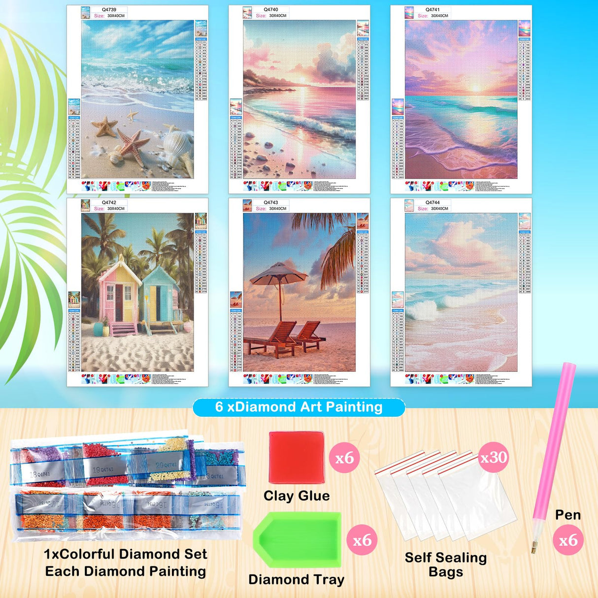 Frienda 6 Pcs Diamond Painting Kits 12 x 16 Inch DIY 5D Abstract Landscapes Diamond Art Full Round Drill Crafts for Adults Youth Beginners Numbers for Home Wall Decor Gifts (Pink Ocean) Frienda
