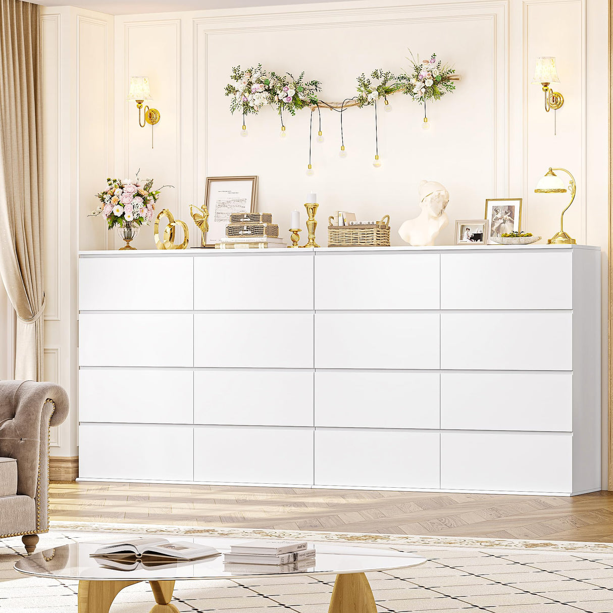FINETONES 8 Drawer Dresser for Bedroom, White Dresser Double Chest of Drawers, Modern Wood Dressers with Deep Drawers for Living Room,White FINETONES
